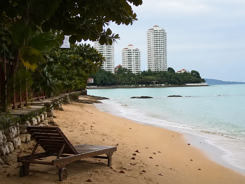 Quiet Wongamat Beach morning with resort backdrop
