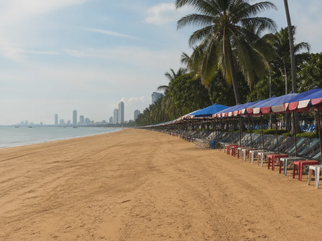 Long Jomtien Beach with rented umbrellas in afternoon