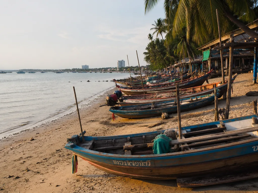Bang Saray fishing village beach with longtail boats
