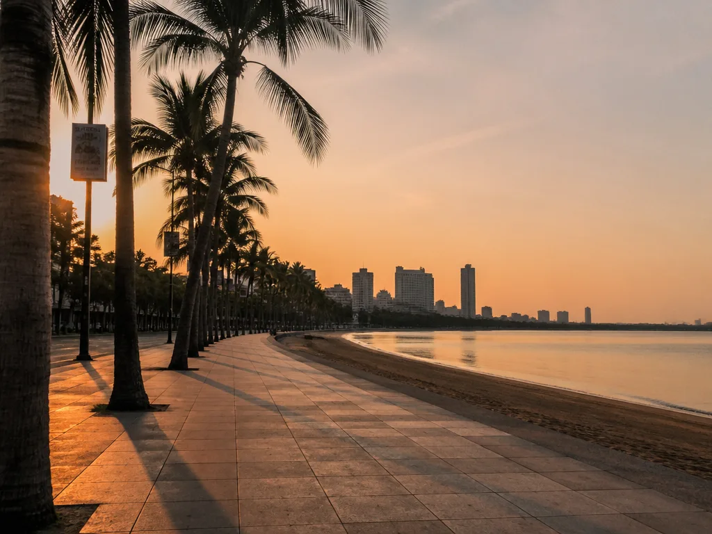 Empty Beach Road Pattaya promenade at sunset