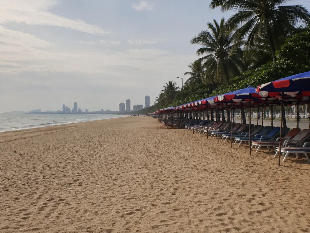 Long Jomtien Beach with rented umbrellas afternoon