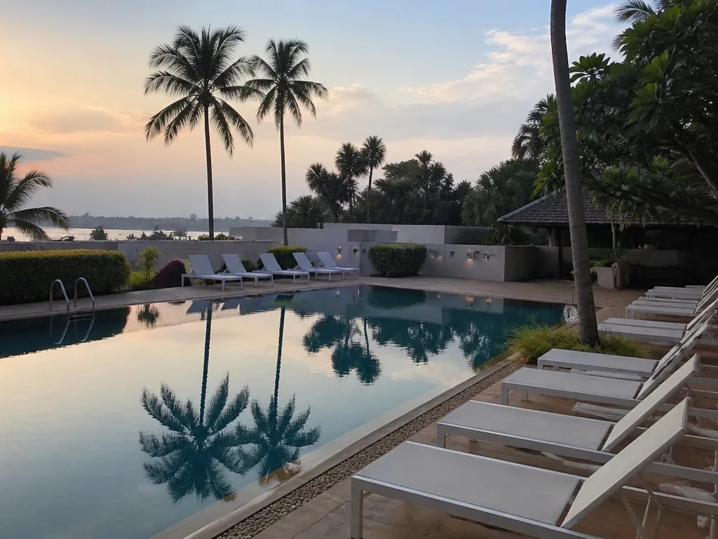 Quiet hotel pool deck Naklua Pattaya morning
