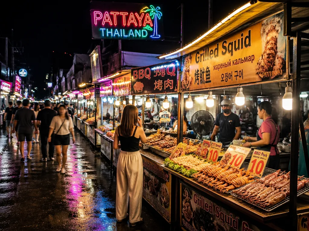 Pattaya night market food stalls glow
