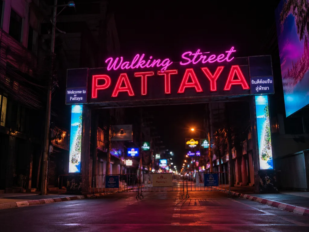 Pattaya Walking Street arch entrance illuminated in red and pink neon