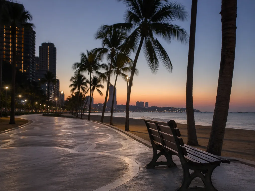 Pattaya beachfront promenade at dusk with palm tree silhouettes