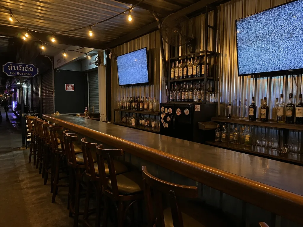 Soi Buakhao open-air beer bar with wooden stools and televisions