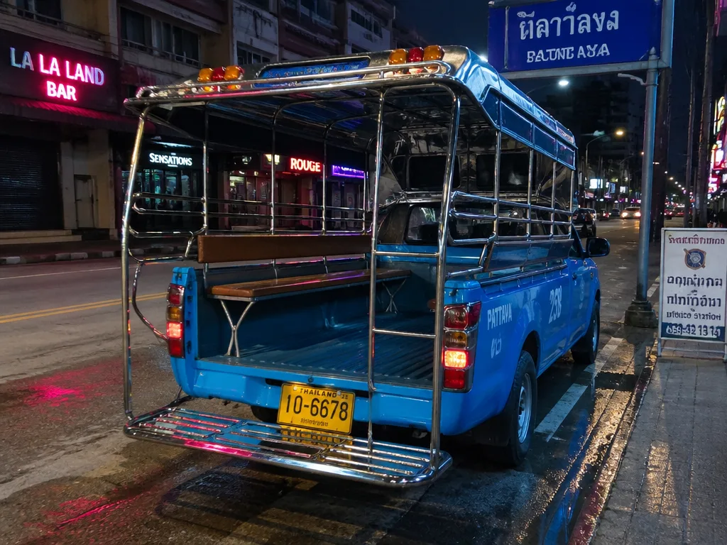 Songthaew baht bus parked along Pattaya Second Road at night