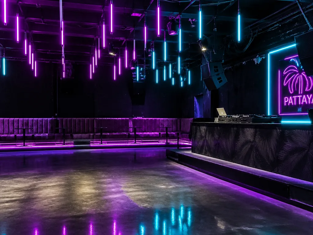 Pattaya nightclub interior with empty dance floor and overhead LEDs