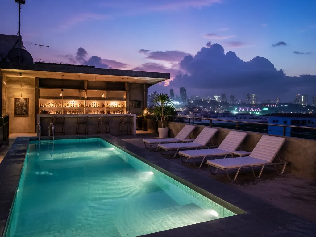 Pattaya rooftop hotel pool bar at twilight with lounge chairs