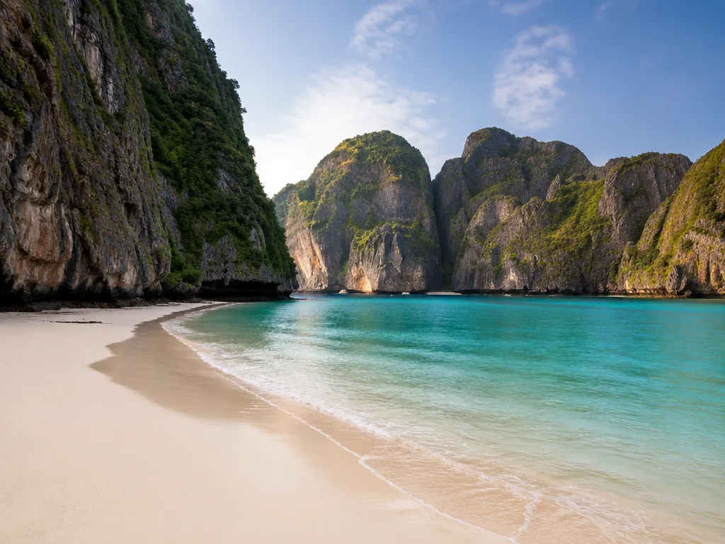 Maya Bay sandy beach surrounded by tall limestone walls