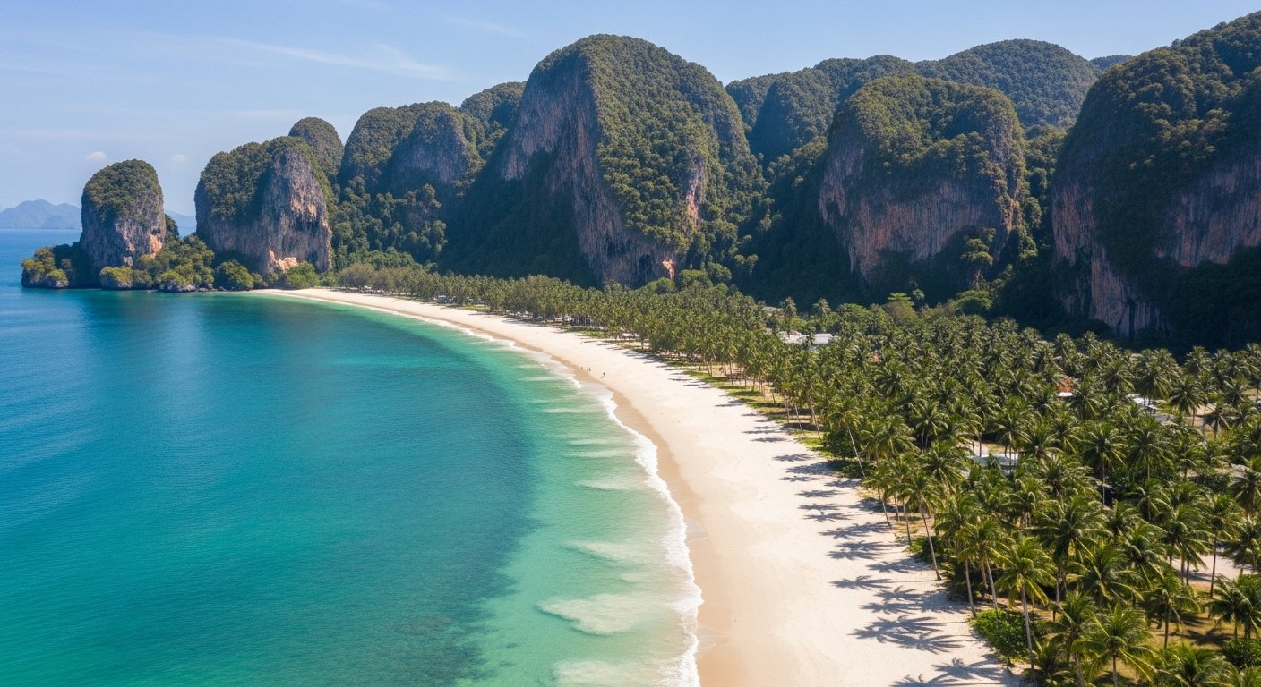 透き通った海と石灰岩を背景にした長いビーチの空撮