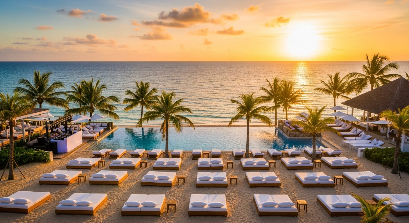 日没時の白いデイベッド、インフィニティプール、DJブースのビーチクラブ航空写真