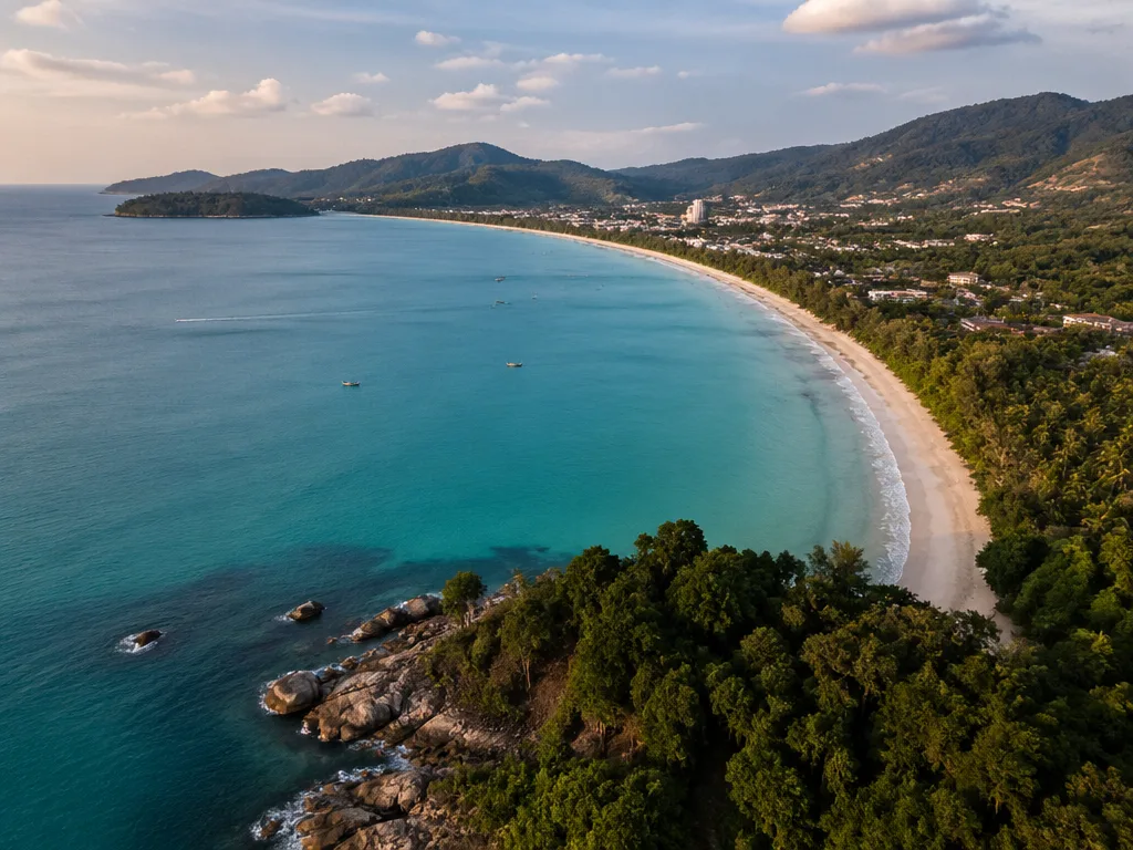Aerial view of Phuket west coast curved beach and headlands