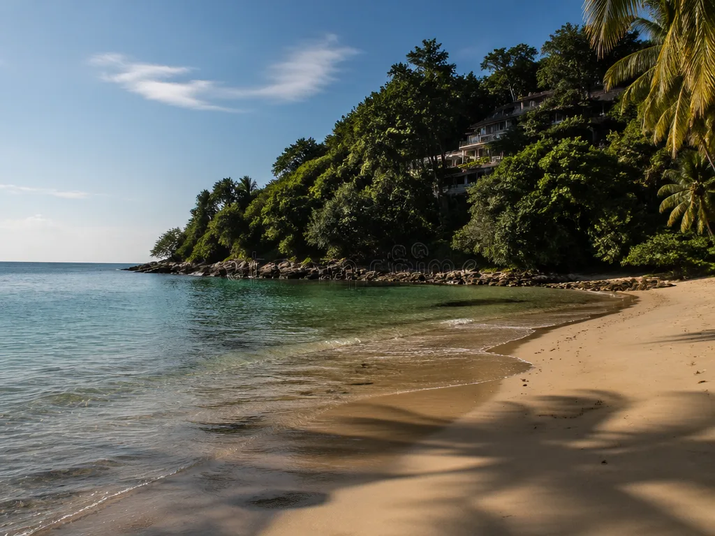 Quiet Kata Noi cove with hillside resort visible above
