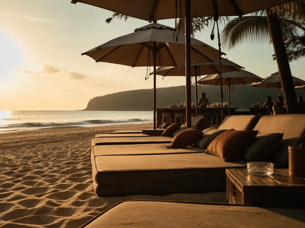 Surin Beach upscale beach club with daybeds at sunset
