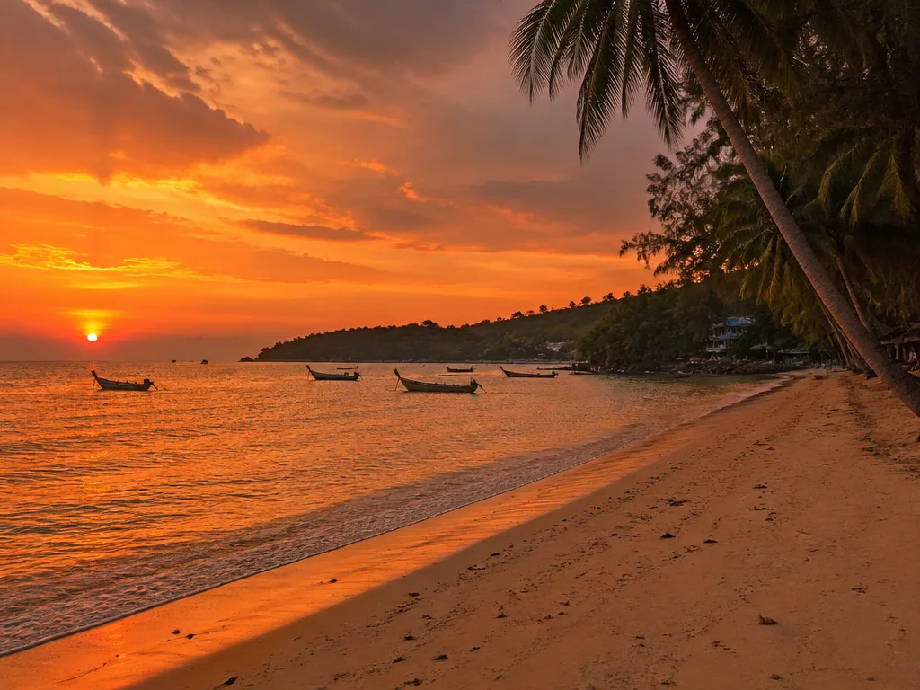 Nai Harn Beach sunset with longtail boats anchored offshore