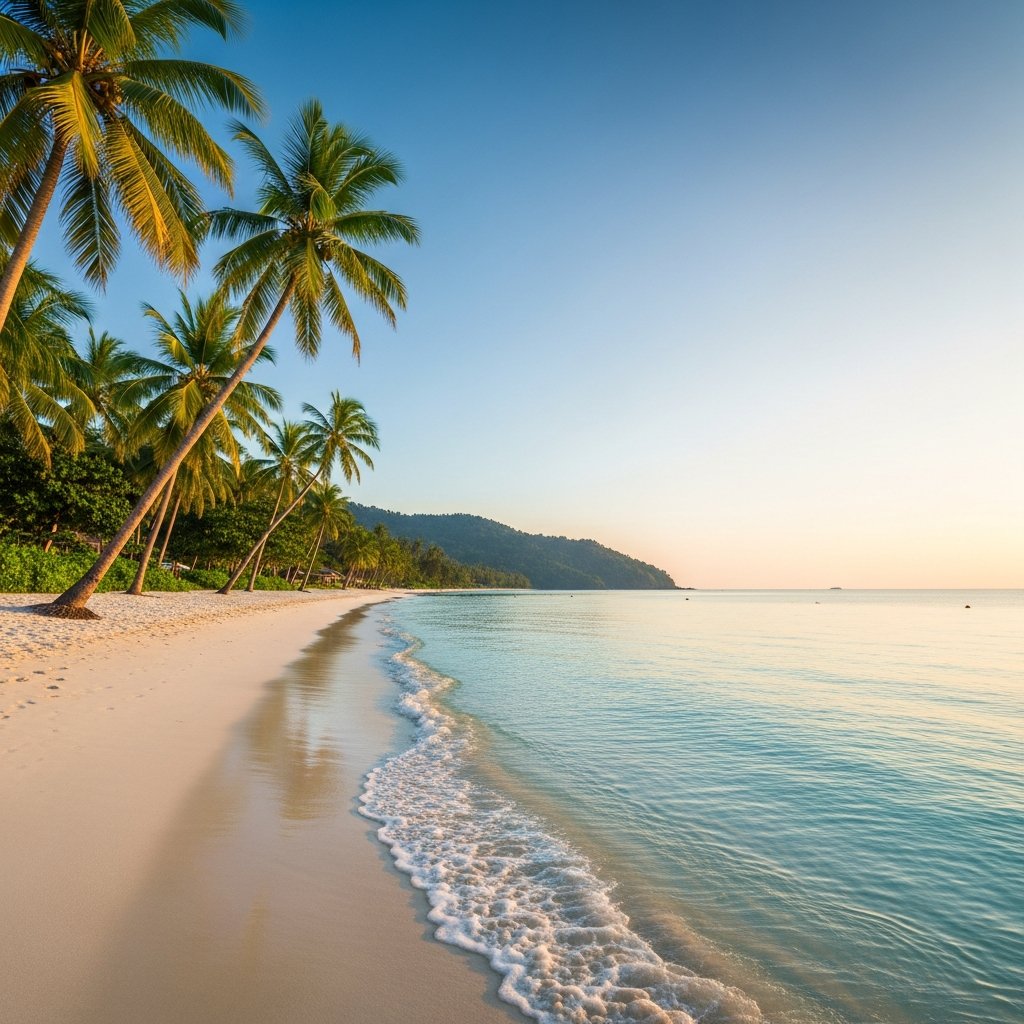 Turquoise waters and white sand beach with longtail boats at a Thai island