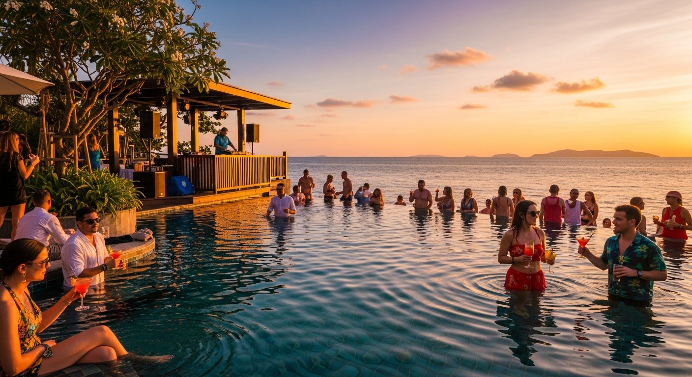 日没のビーチクラブプールデッキとカクテル、パフォーマンス中のDJ