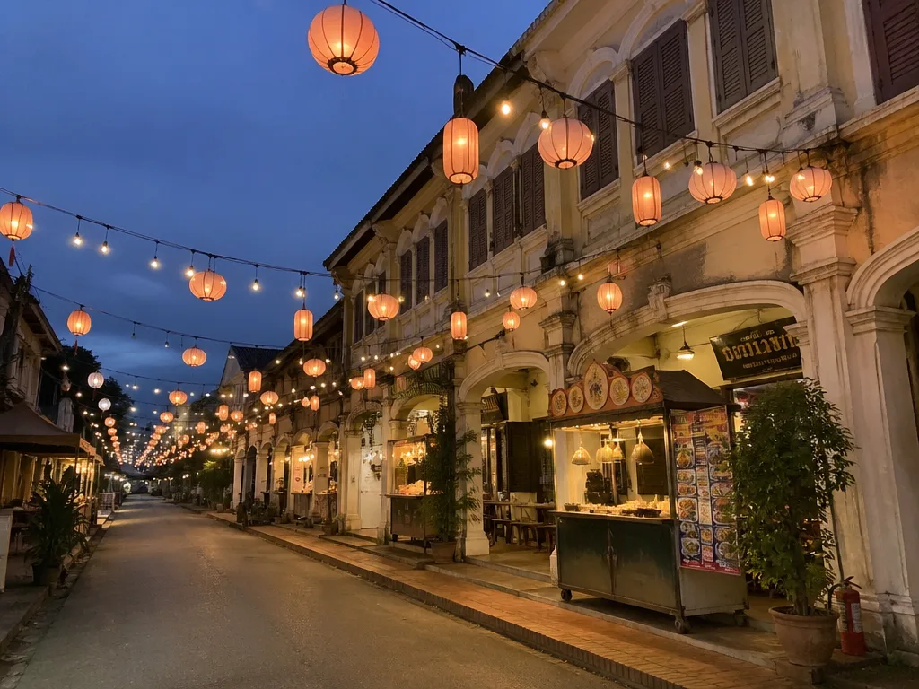 Lard Yai Sunday Walking Street Thalang Road dusk with paper lanterns