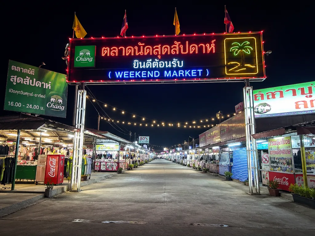 Naka Weekend Market Phuket night market entrance with clothing and food