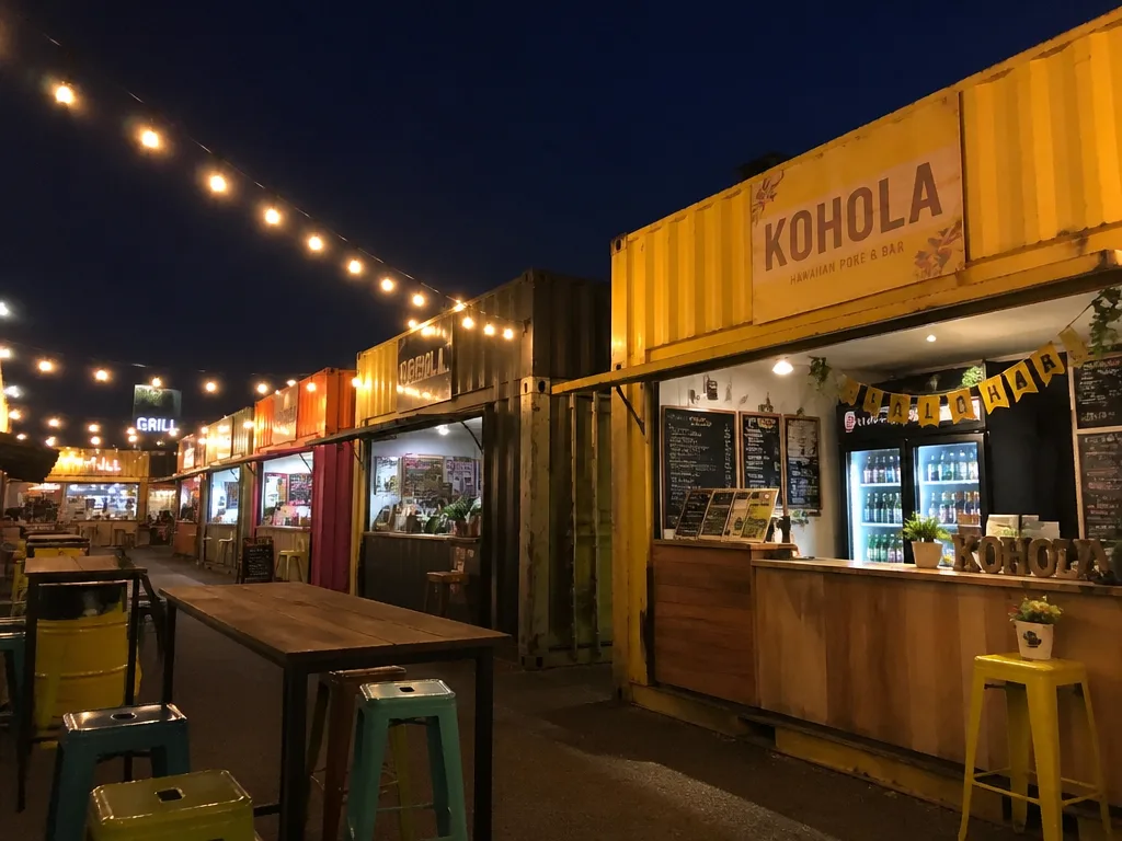 Chillva Market Phuket converted shipping containers at night