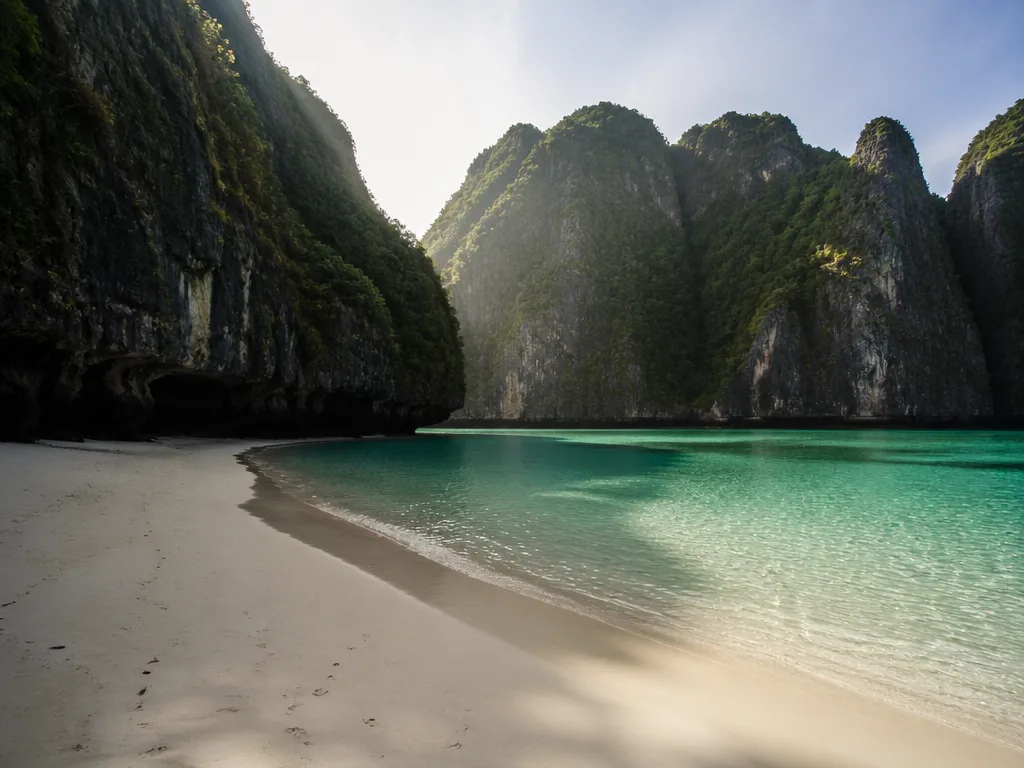 Maya Bay with curved white sand and cliff walls