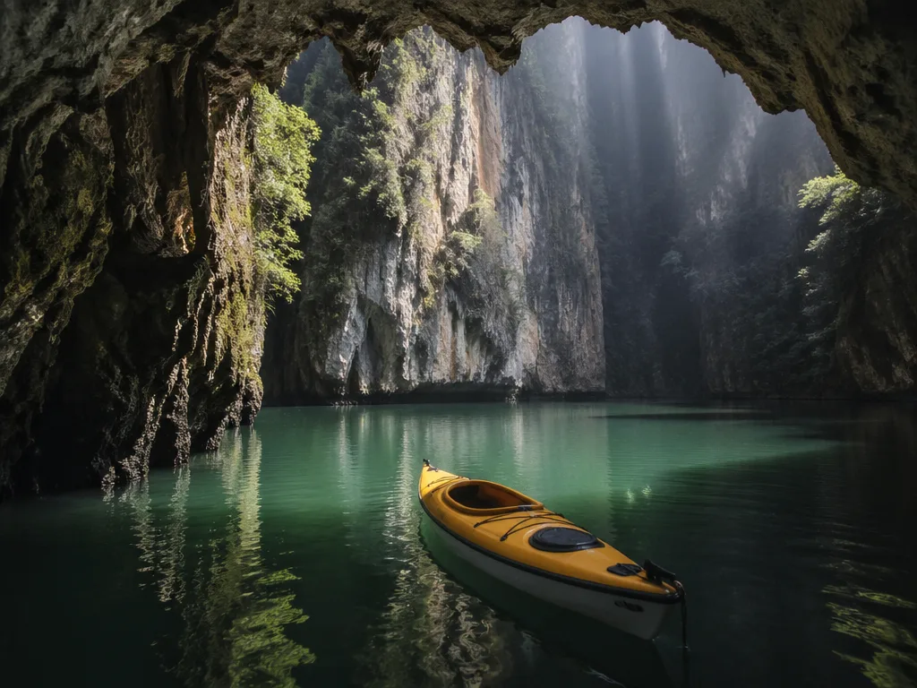 Sea kayak threading a hidden lagoon inside karst island