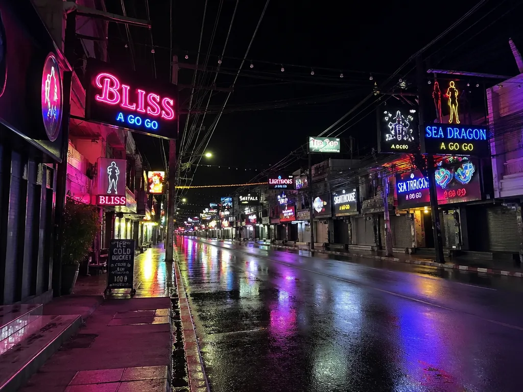 Neon-lit Bangla Road walking street in Patong with bar signs lining both sides at night