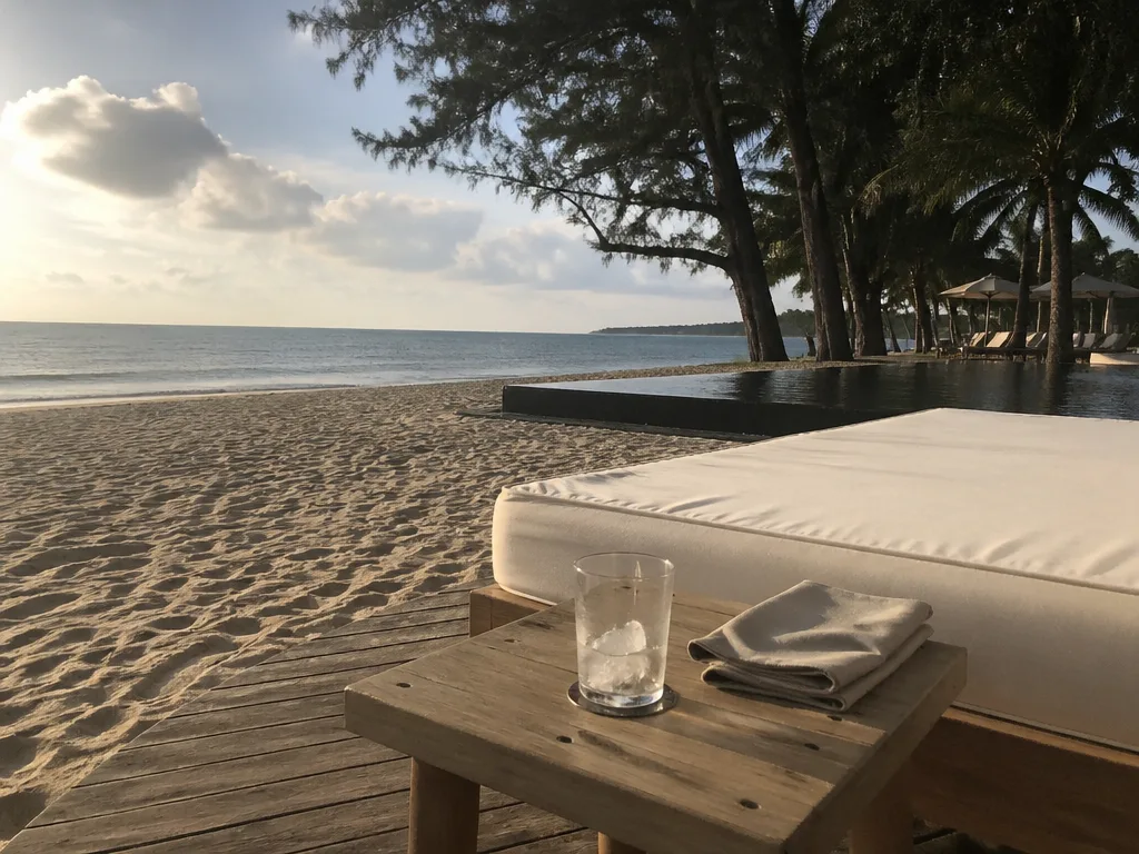 Empty white daybed and cabana at a Bang Tao beach club at golden hour