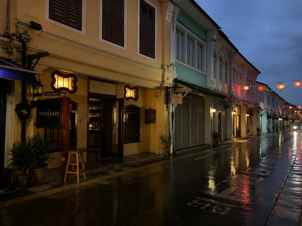 Old Phuket Town Sino-Portuguese shophouse street at dusk with warm lantern lights