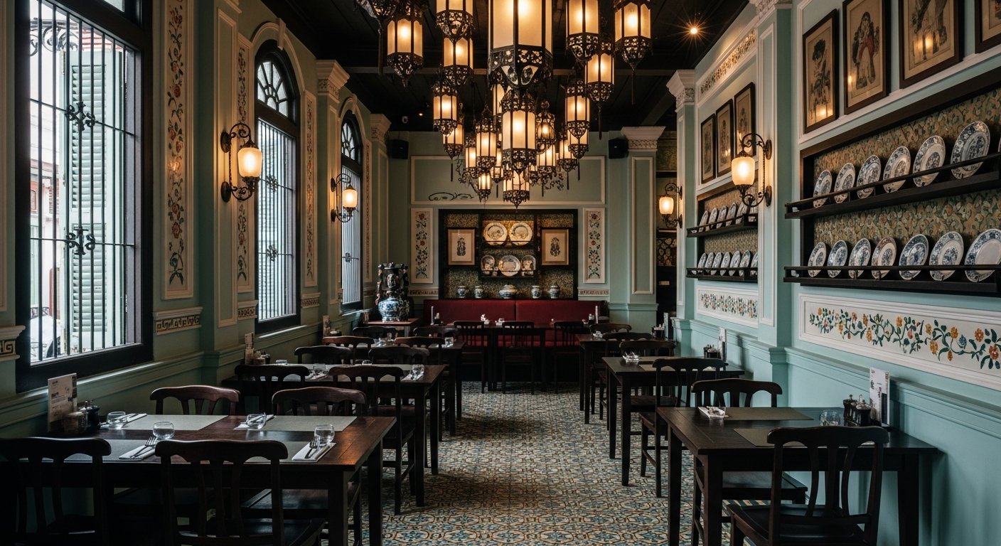 パステル色のショップハウス壁と木のテーブルのプラナカン風レストラン