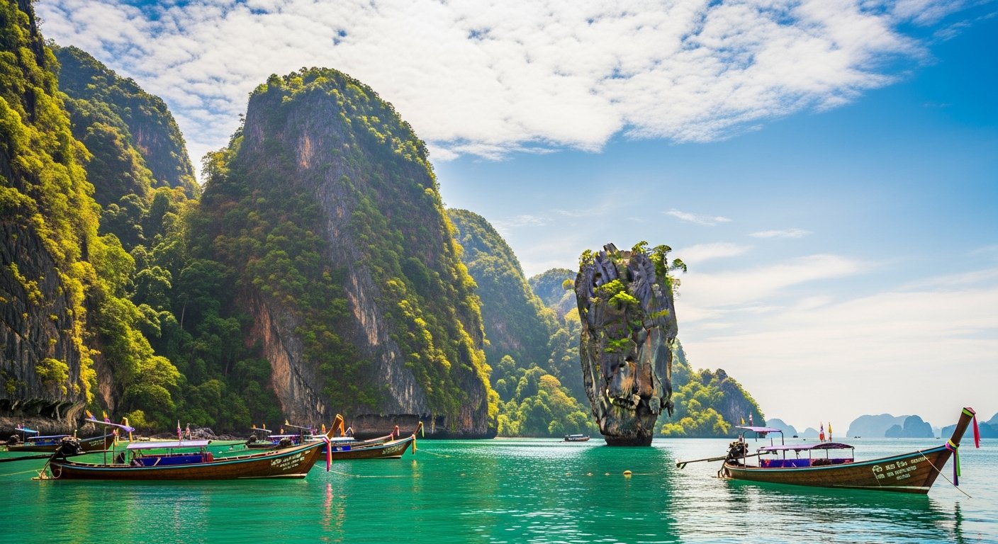 ターコイズの水から突き出る石灰岩カルストと長尾船のパノラマビュー