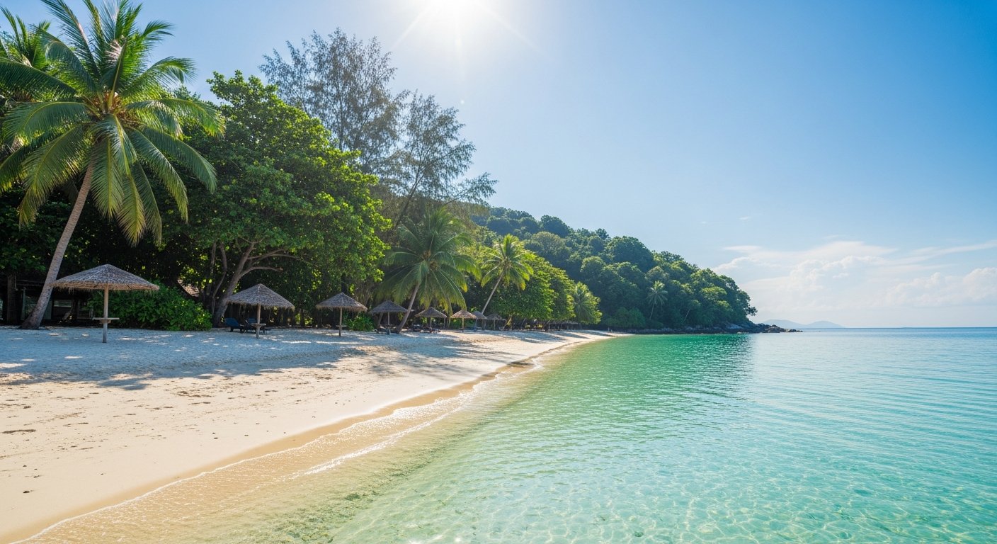 ラチャ島の白砂ビーチと澄んだ浅水、数本のビーチパラソル