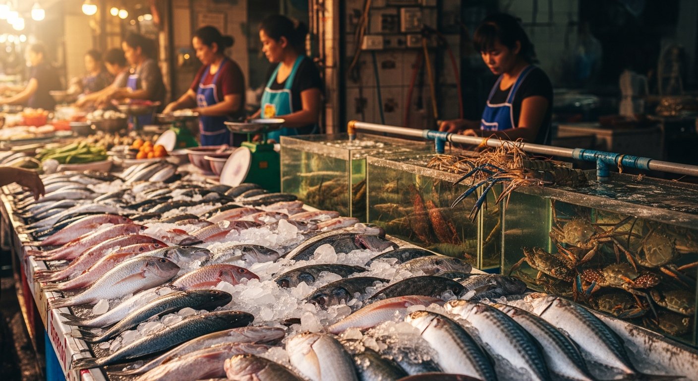 屋外海鮮市場、氷の上の新鮮な魚と生きたエビの水槽