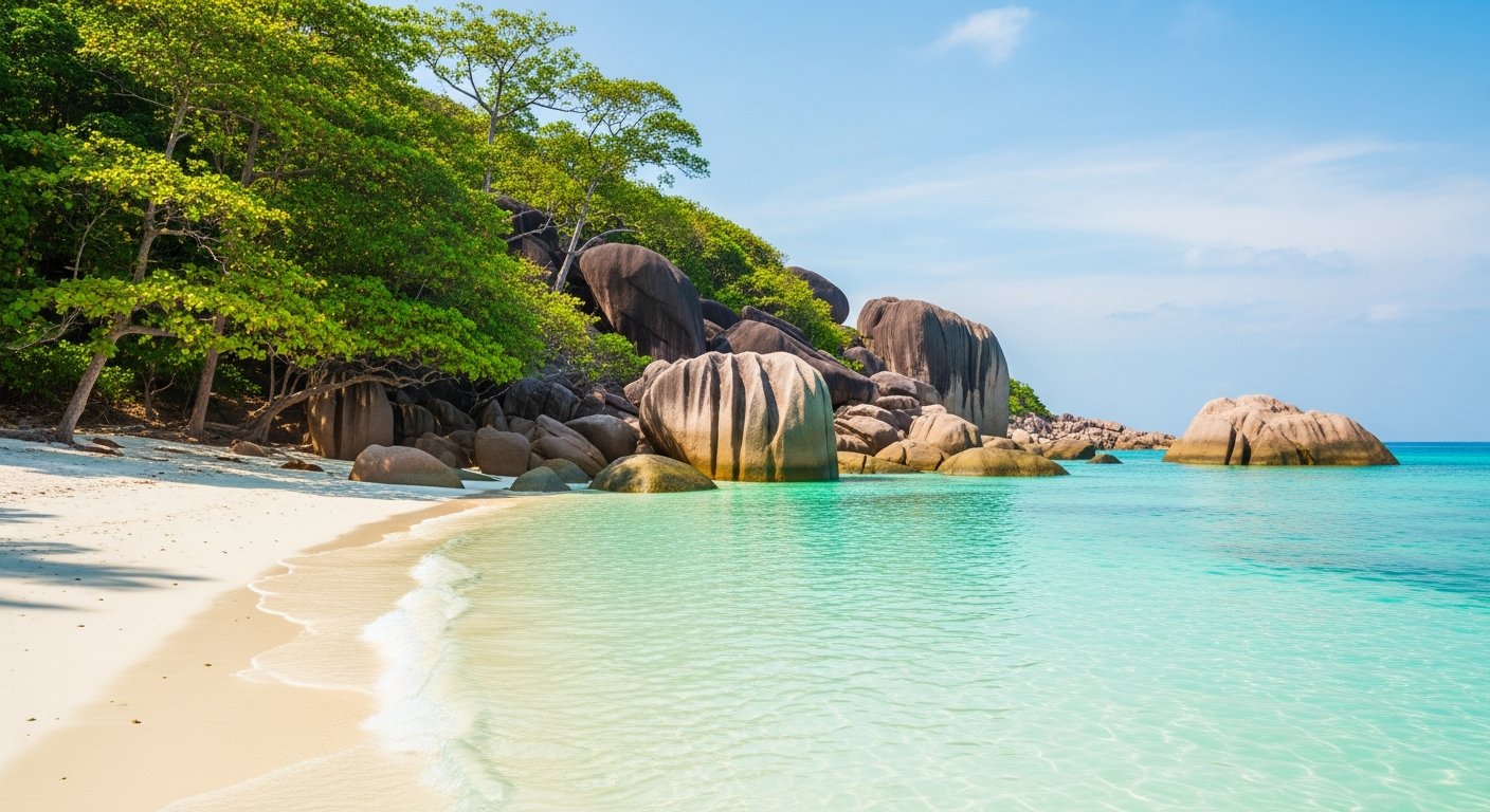 シミラン諸島のビーチでクリスタルクリアなターコイズ水と花崗岩の岩