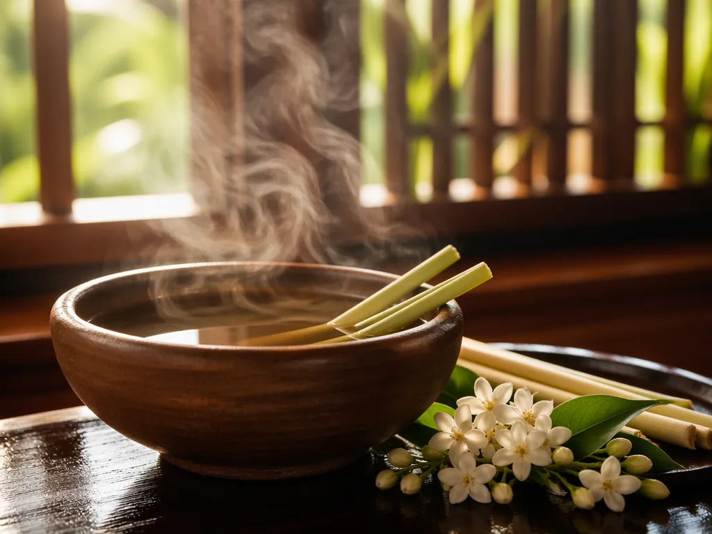 Herbal steam bowl with lemongrass and jasmine on dark teak, Phuket spa
