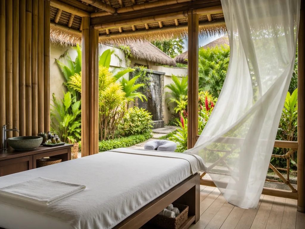 Bamboo treatment room with natural daylight and white cotton linens, open-air pavilion