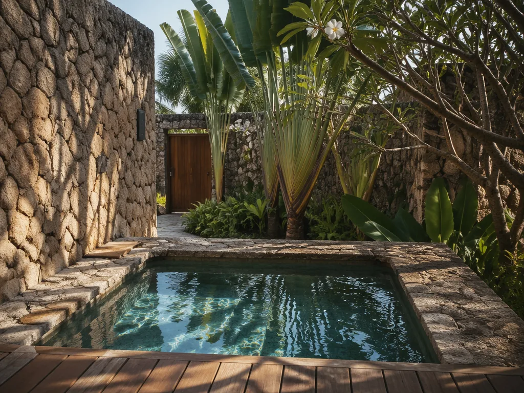 Cold plunge pool surrounded by tropical plants in resort spa courtyard