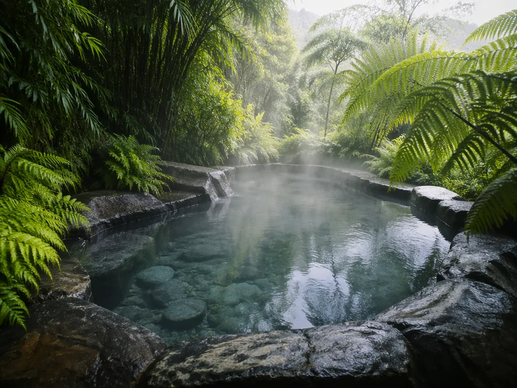 Outdoor herbal pool with steam rising at Banyan Tree Phuket rainforest spa