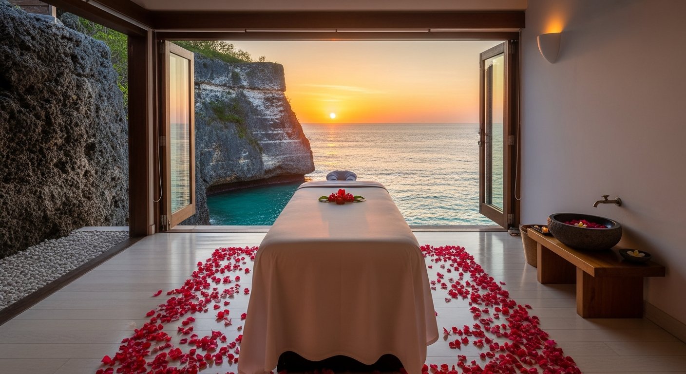 日没時の崖上スパ施術ルームからのオーシャンビュー