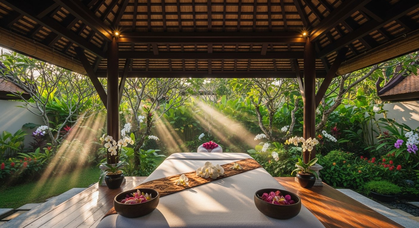 熱帯の庭園を見下ろす豪華なオープンエア・スパパビリオン、按摩台と花びら