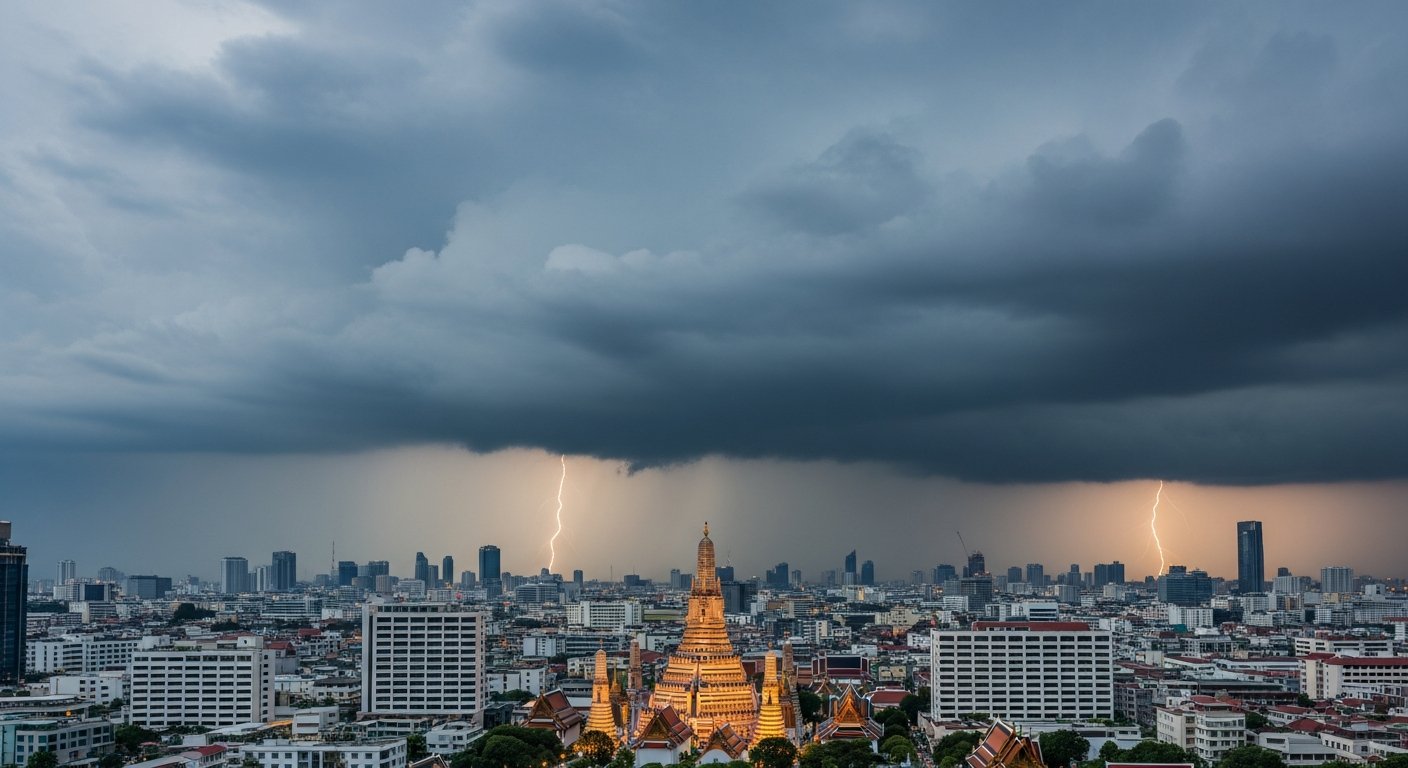曼谷天际线上空聚集的乌云