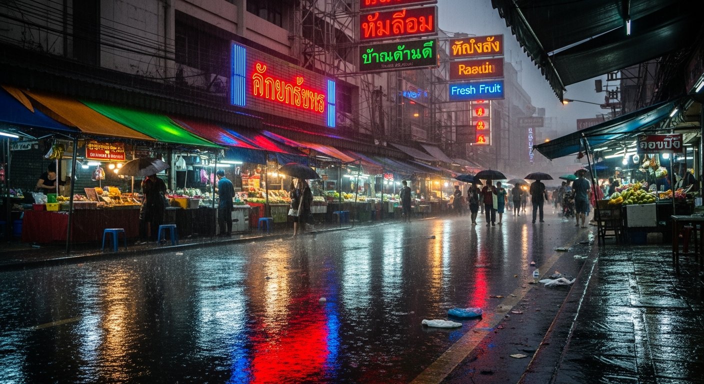 雨后黄昏时分，湿漉漉的路面映射灯光的曼谷街道