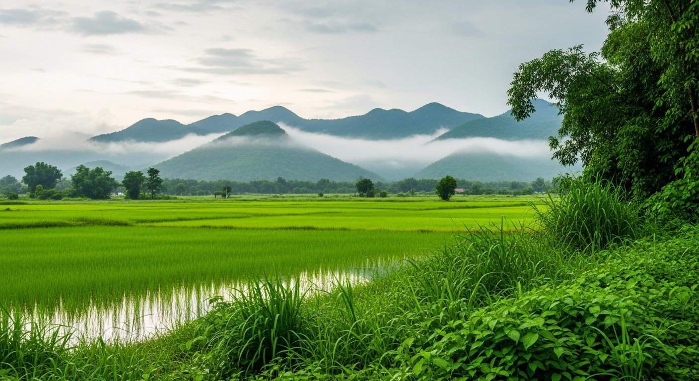 泰国雨季郁郁葱葱的绿色稻田
