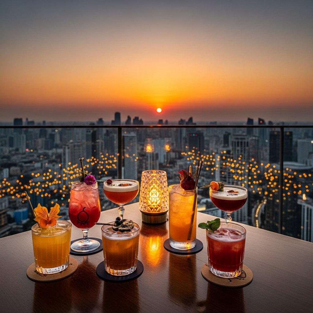 Rooftop bar sunset view over Bangkok