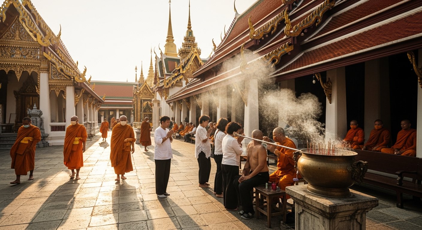 Monk performing sak yant at a temple