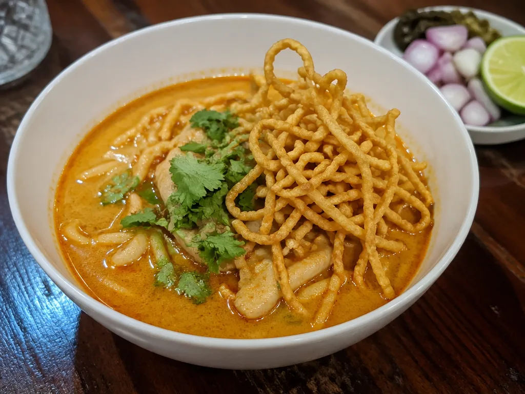 カオソーイ・シーロムのカレースープ麺の上に揚げ麺がたっぷり載った碗