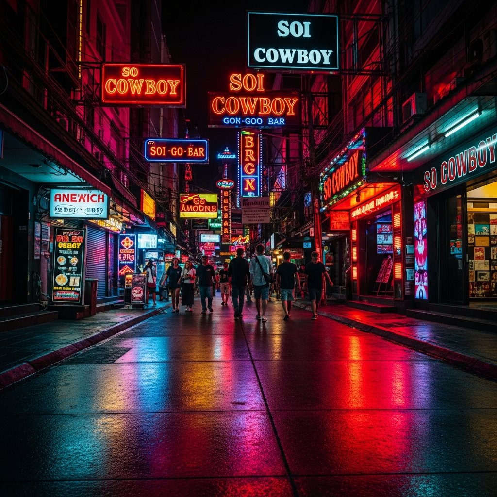 Neon-lit go-go bars on Soi Cowboy, Bangkok