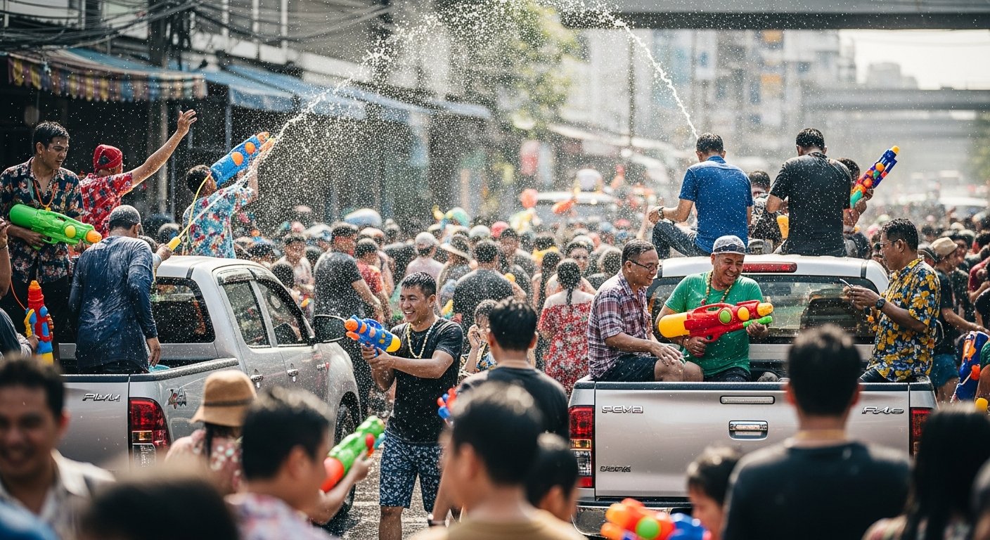 曼谷街头庆祝泼水节的人群