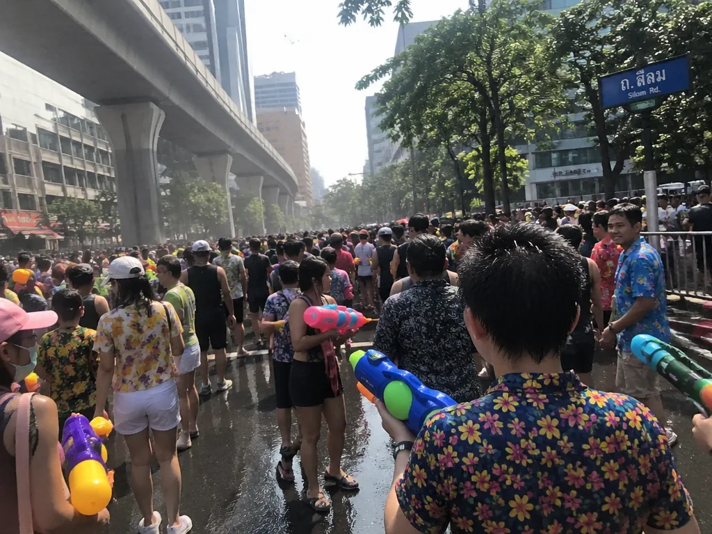 バンコクの路上で水掛け祭りを祝う群衆